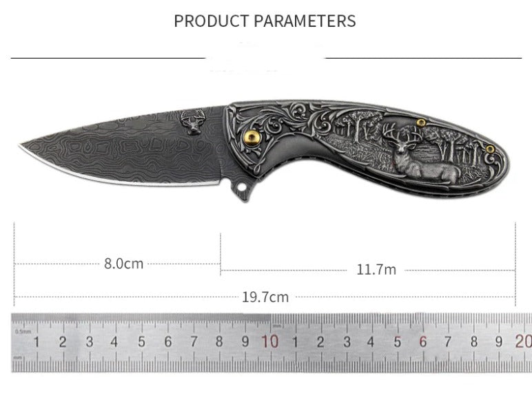 Deer Pattern Handle Folding Knife Outdoor Hunting Pocket EDC Tool - 图片 6