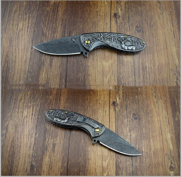 Deer Pattern Handle Folding Knife Outdoor Hunting Pocket EDC Tool - 图片 7