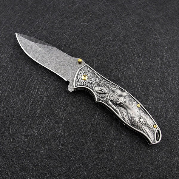 War Goddess Pattern Handle Folding Knife Outdoor Hunting Pocket EDC Tool - 图片 1