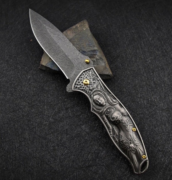 War Goddess Pattern Handle Folding Knife Outdoor Hunting Pocket EDC Tool - 图片 4