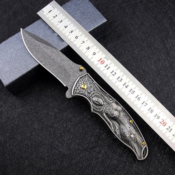 War Goddess Pattern Handle Folding Knife Outdoor Hunting Pocket EDC Tool - 图片 5
