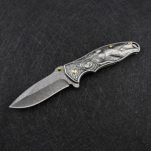 War Goddess Pattern Handle Folding Knife Outdoor Hunting Pocket EDC Tool - 图片 8