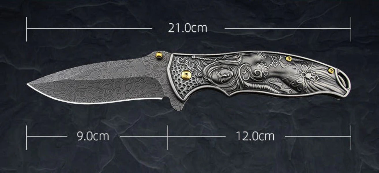 War Goddess Pattern Handle Folding Knife Outdoor Hunting Pocket EDC Tool - 图片 10