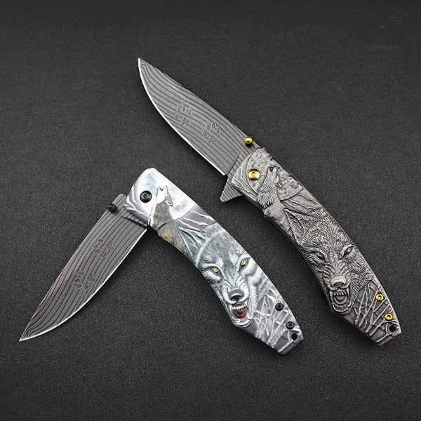 Wolf Pattern Handle Folding Knife Outdoor Camping Hunting Pocket EDC Tool - 图片 4