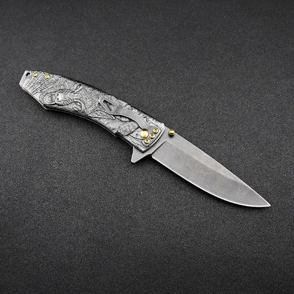 Wolf Pattern Handle Folding Knife Outdoor Camping Hunting Pocket EDC Tool - 图片 6