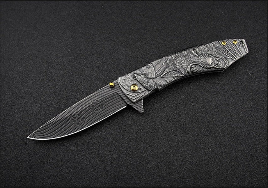 Wolf Pattern Handle Folding Knife Outdoor Camping Hunting Pocket EDC Tool - 图片 9