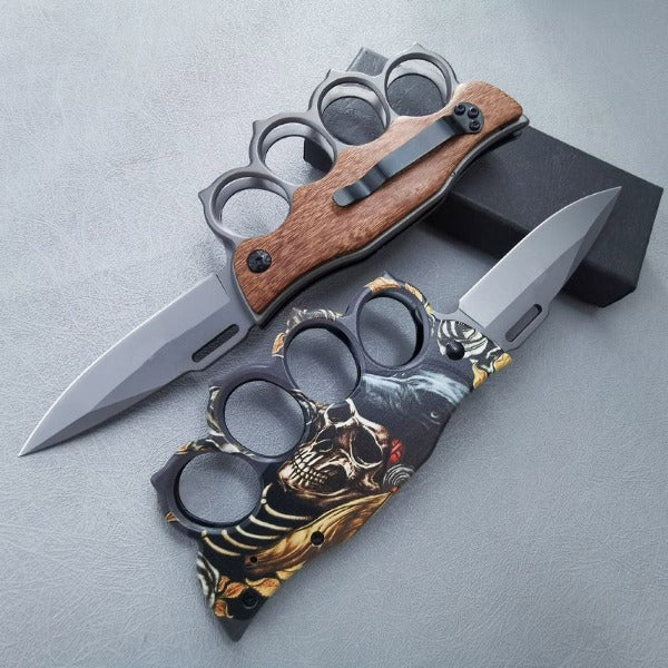 Wooden Handle Folding Knife Outdoor Self Defense Knuckle Pocket EDC Tool - 图片 1