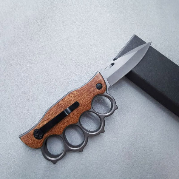 Wooden Handle Folding Knife Outdoor Self Defense Knuckle Pocket EDC Tool - 图片 6