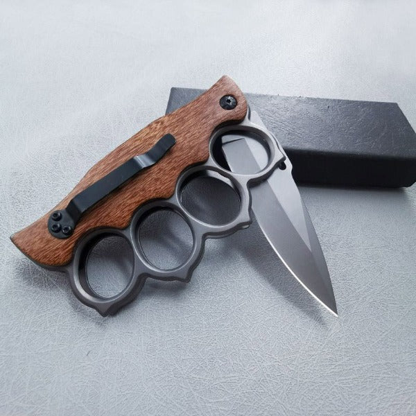 Wooden Handle Folding Knife Outdoor Self Defense Knuckle Pocket EDC Tool - 图片 8
