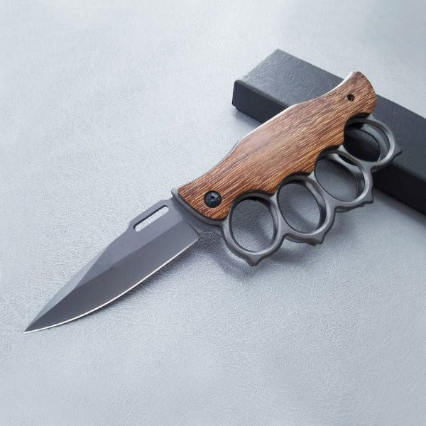 Wooden Handle Folding Knife Outdoor Self Defense Knuckle Pocket EDC Tool - 图片 12